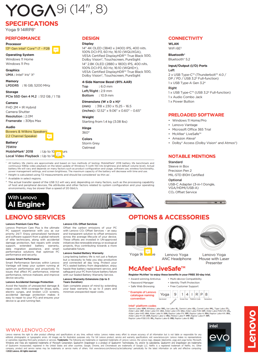 CES 2023: Lenovo Yoga 9i 14 sở hữu Core i7-1360P và màn hình 4K OLED Dolby  Vision PureSight