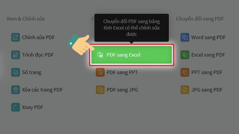 Chọn vào mục chuyển đổi từ file PDF sang Excel