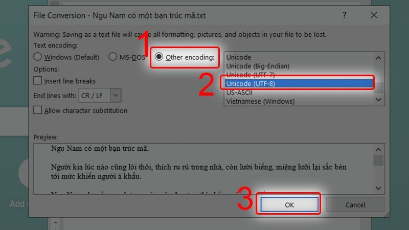 Tick chọn Other encoding và chọn Unicode(UTF-8)